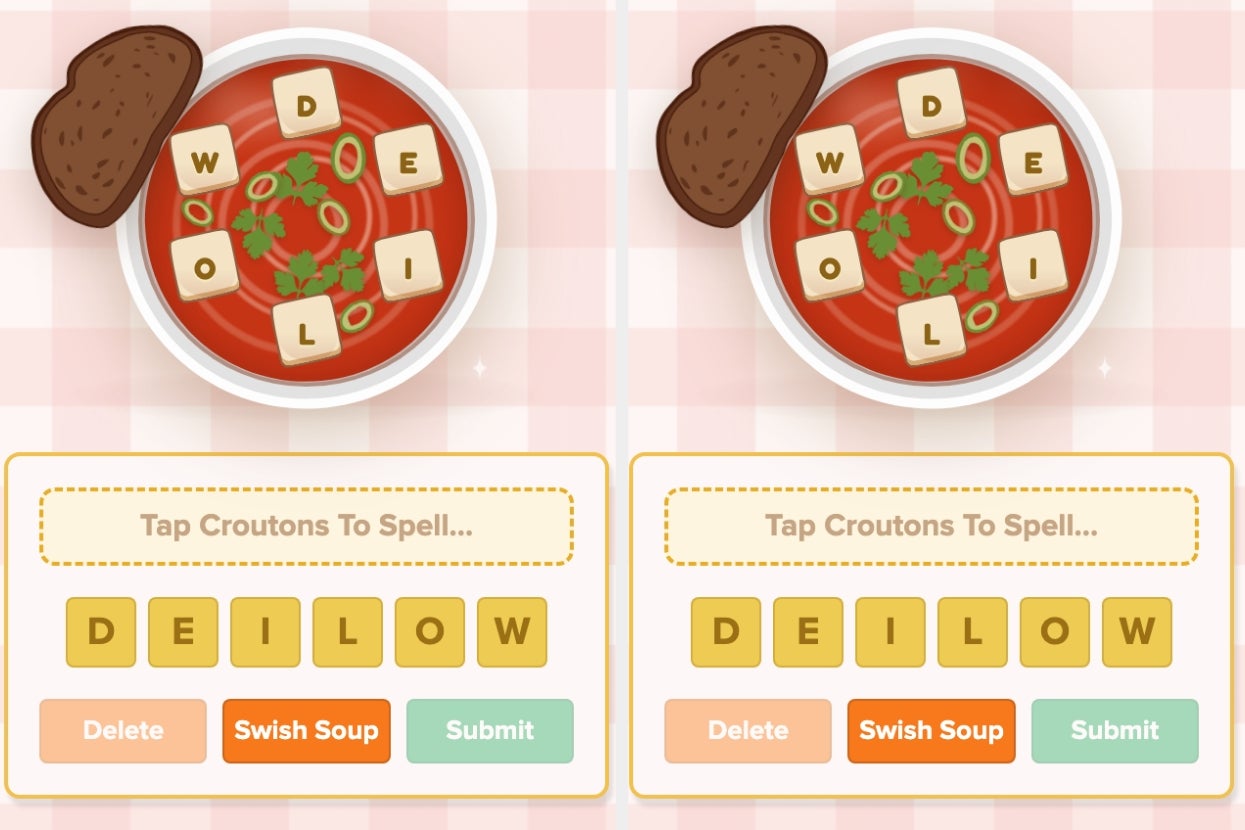Word puzzle game showing soup with lettered croutons forming words, alongside UI for spelling "DELIOW" and actions: Delete, Swish Soup, Submit