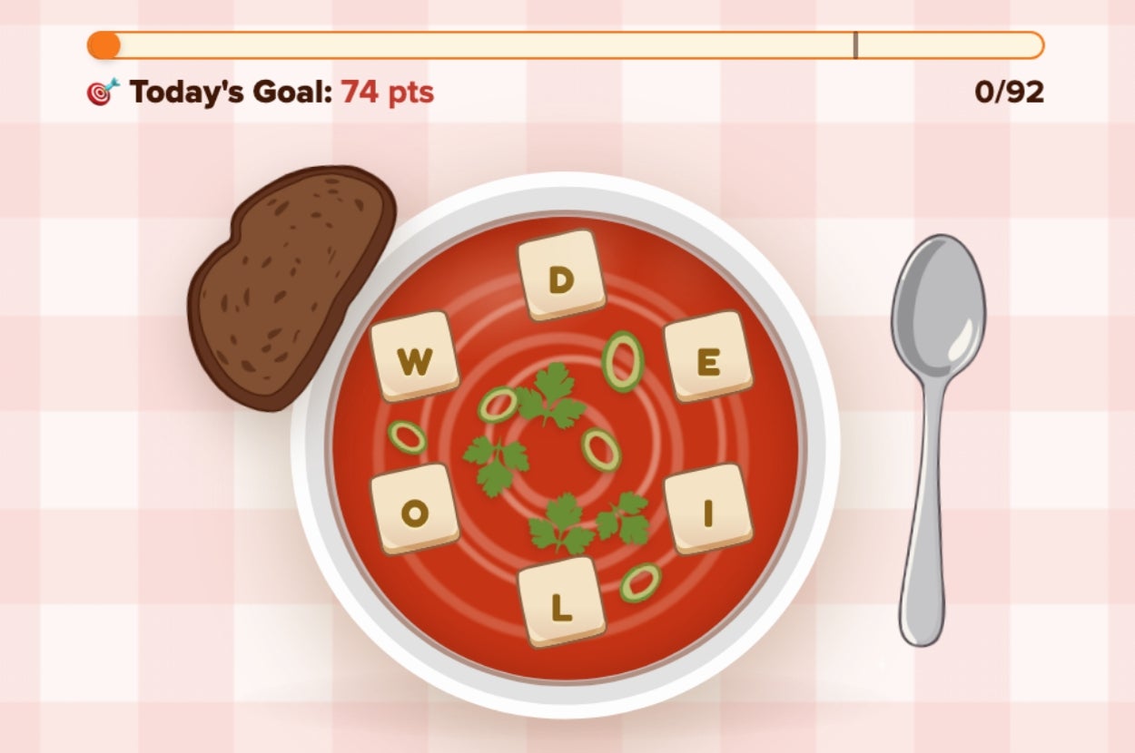 Soup bowl with letter tiles spelling "WORDLE" alongside bread and spoon, indicating a word puzzle game theme. Goal set for 74 points