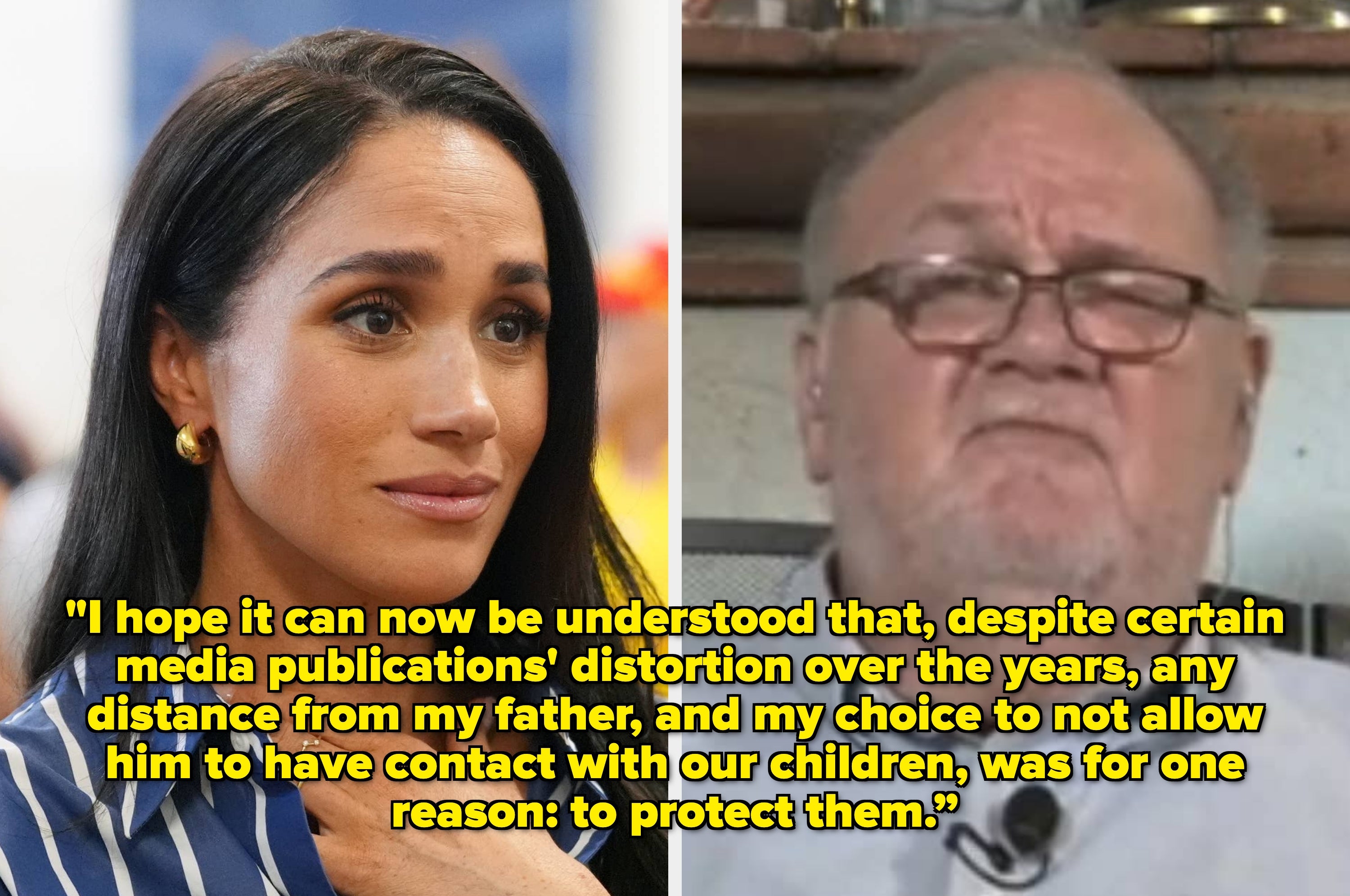 A woman with long hair appears reflective next to an older man speaking in an interview. Text discusses media distortion and family protection