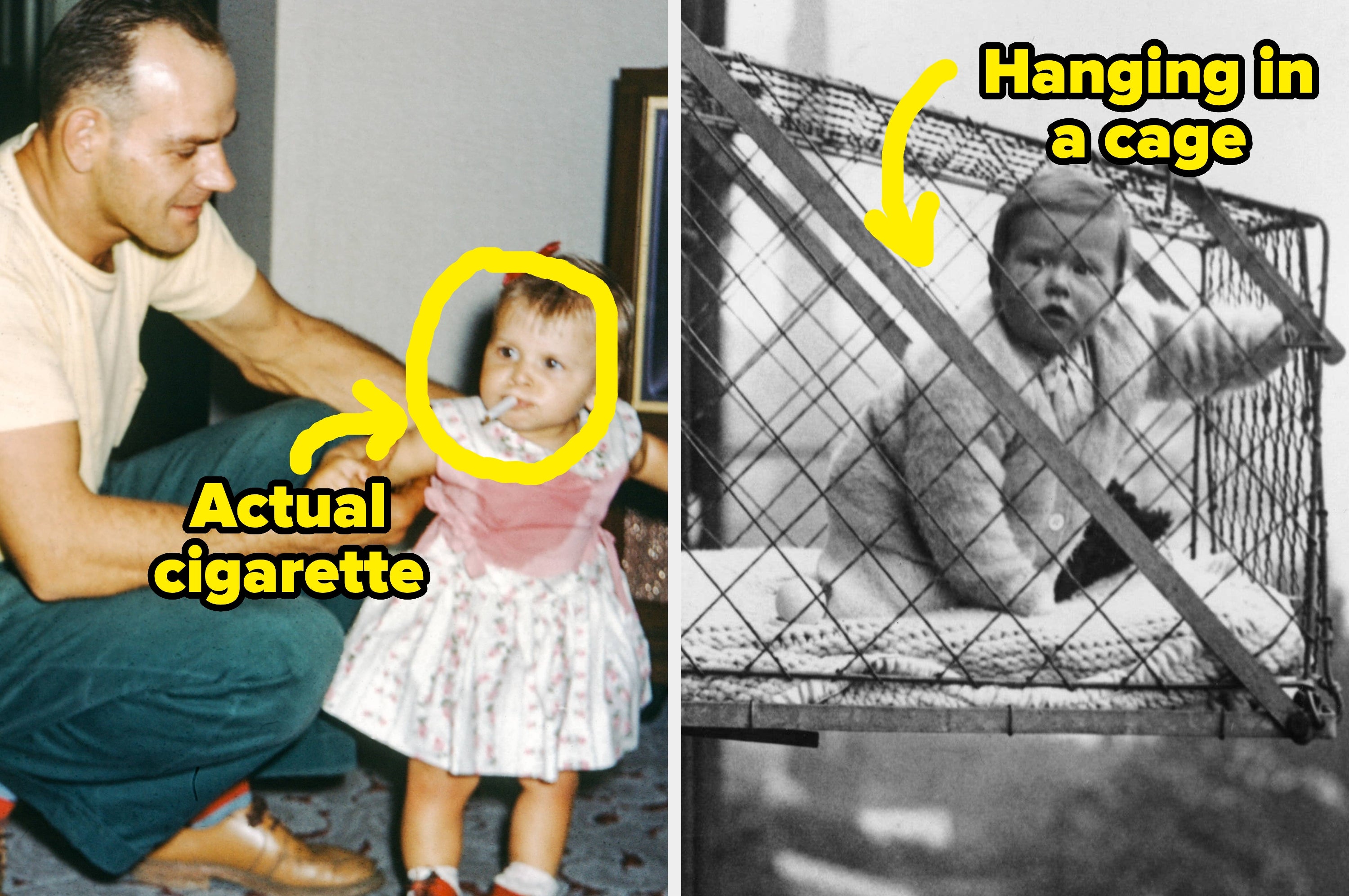Two vintage photos: a man holding a toddler with a cigarette, and a baby in a cage hanging outside a window. Text highlights "Actual cigarette" and "Hanging in a cage."
