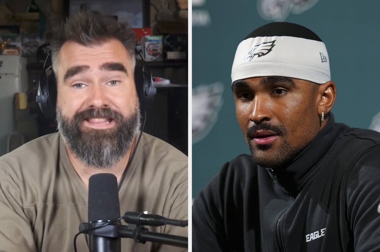 Man on left speaking into a microphone with headphones; man on right wearing a black sports jacket and white headband with Eagles logo