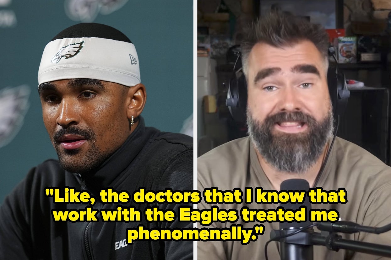 Two men speaking in separate images. Quote on image: "Like, the doctors that I know that work with the Eagles treated me phenomenally."