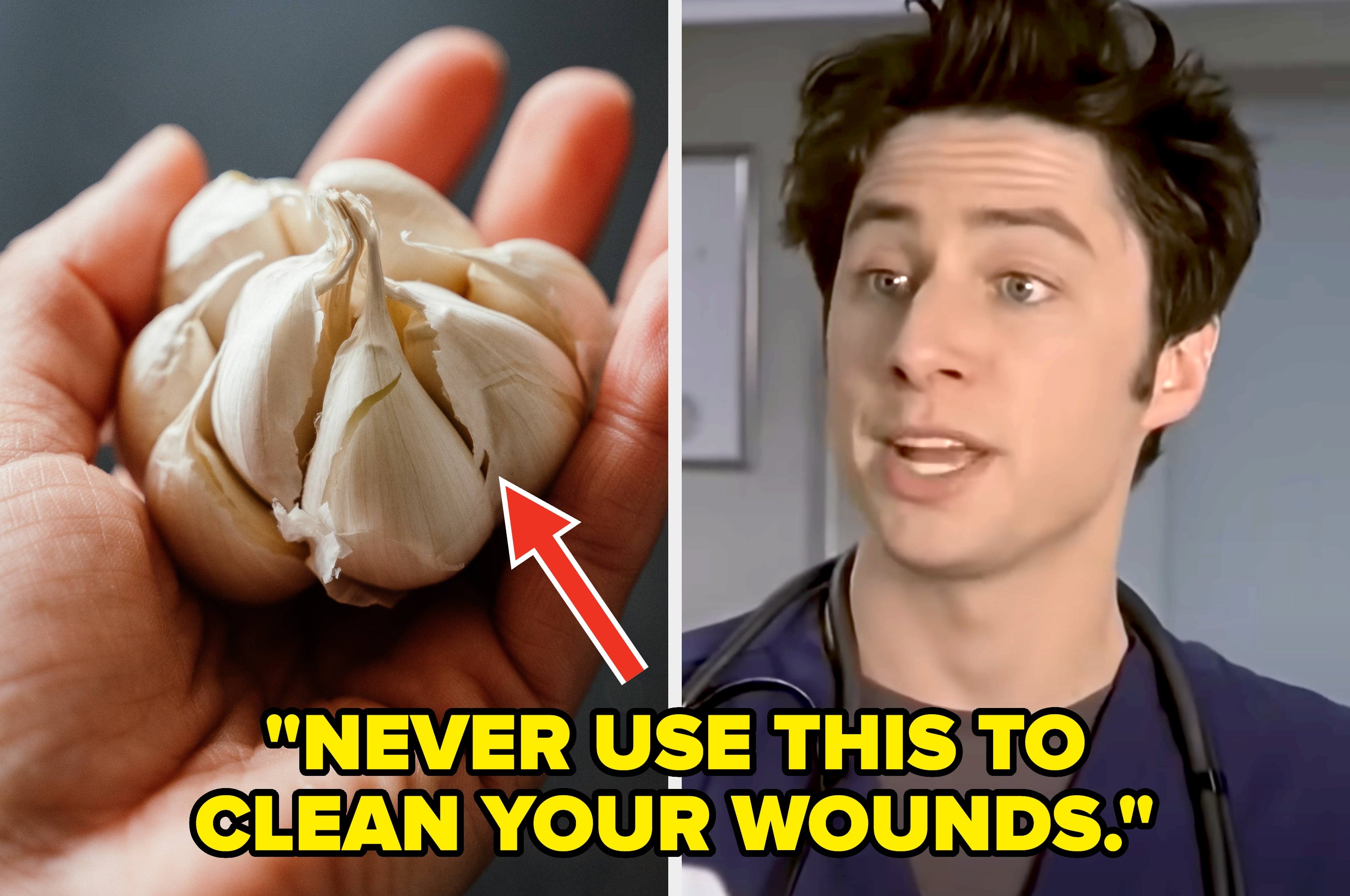 A split image of someone holding garlic and Kristen Bell making a grimace. Text: "NEVER USE GARLIC TO CLEAN YOUR WOUNDS. Your wounds are not meant to be marinated, people."