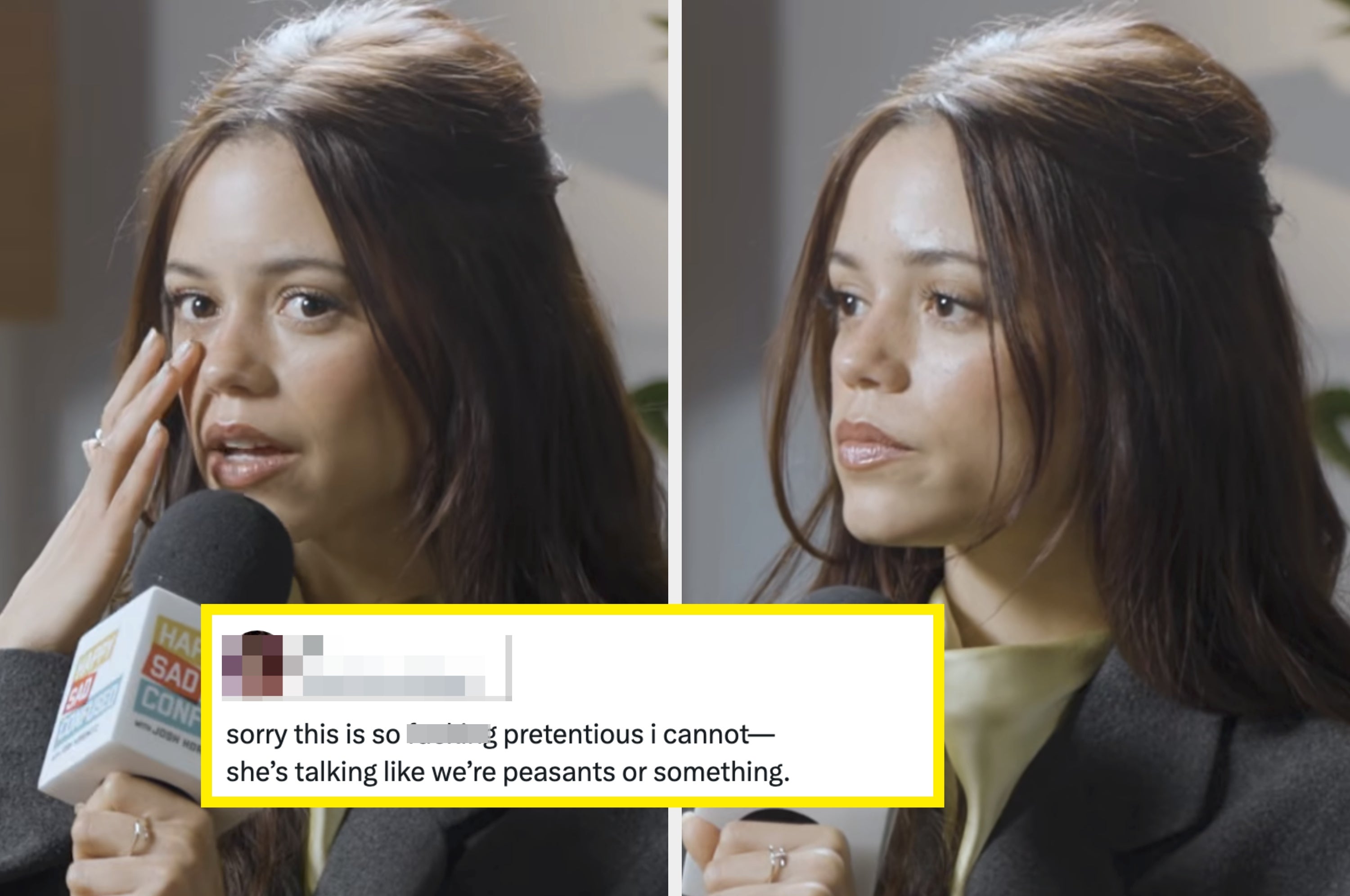 A woman speaks into a microphone at an event; text overlay critiques her speech as pretentious