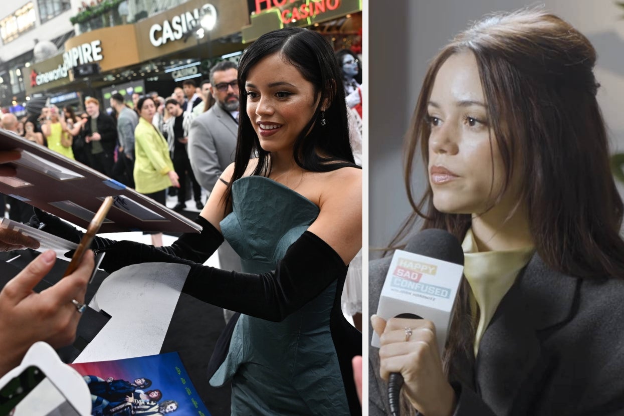Person in elegant strapless dress, long gloves signs autographs at event; later gives an interview holding a microphone indoors