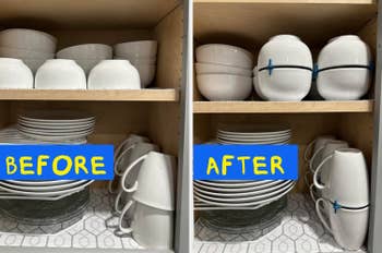 Kitchen furniture enactment showing stacked bowls and plates earlier and aft utilizing space-saving racks