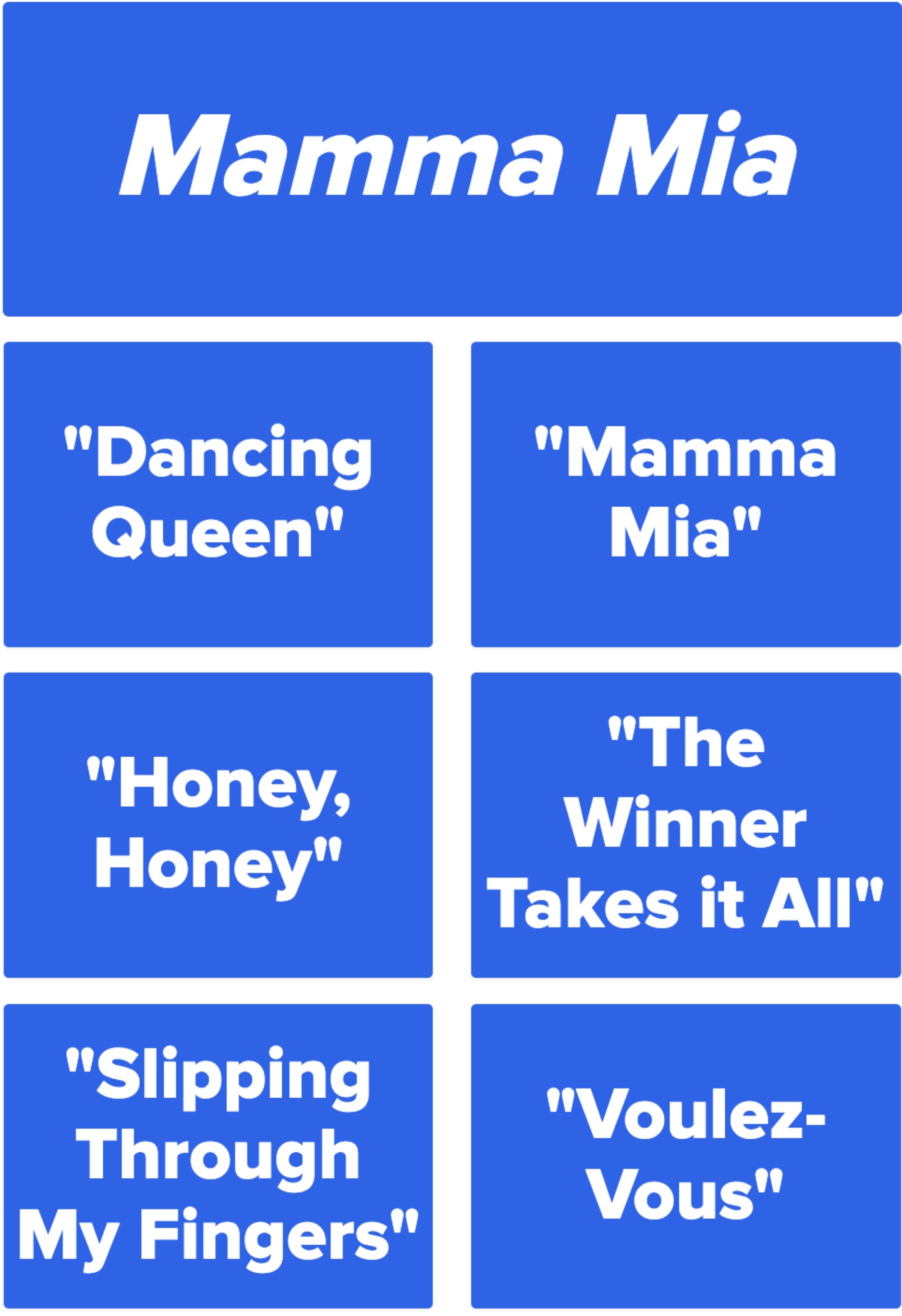 A list of "Mamma Mia" songs includes: Dancing Queen, Mamma Mia, Honey, Honey, The Winner Takes It All, Slipping Through My Fingers, Voulez-Vous