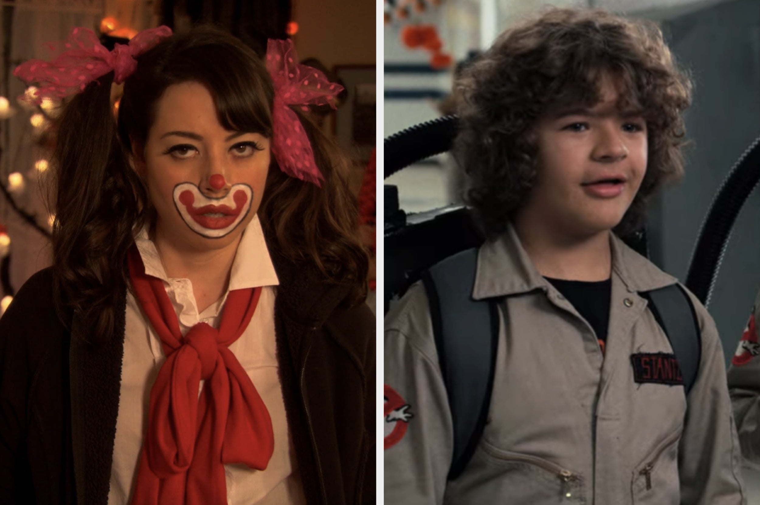 On the left, Aubrey Plaza in clown makeup as April on Parks and Rec, and on the right, Gaten Matarazzo in a Ghostbusters jumpsuit as Dustin on Stranger Things