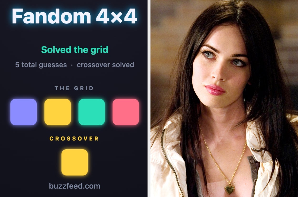 Fandom 4x4 puzzle solved with five guesses. Image of a person in a white jacket with a heart necklace. BuzzFeed logo at the bottom