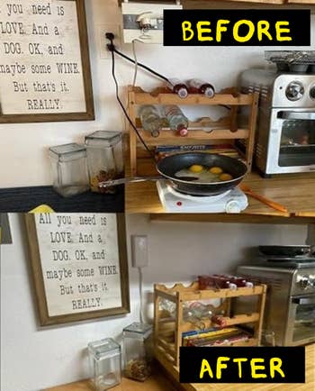 Kitchen antagonistic earlier and aft organizing, showcasing a frying cookware with eggs and tidied appliances, including vino and a toaster oven