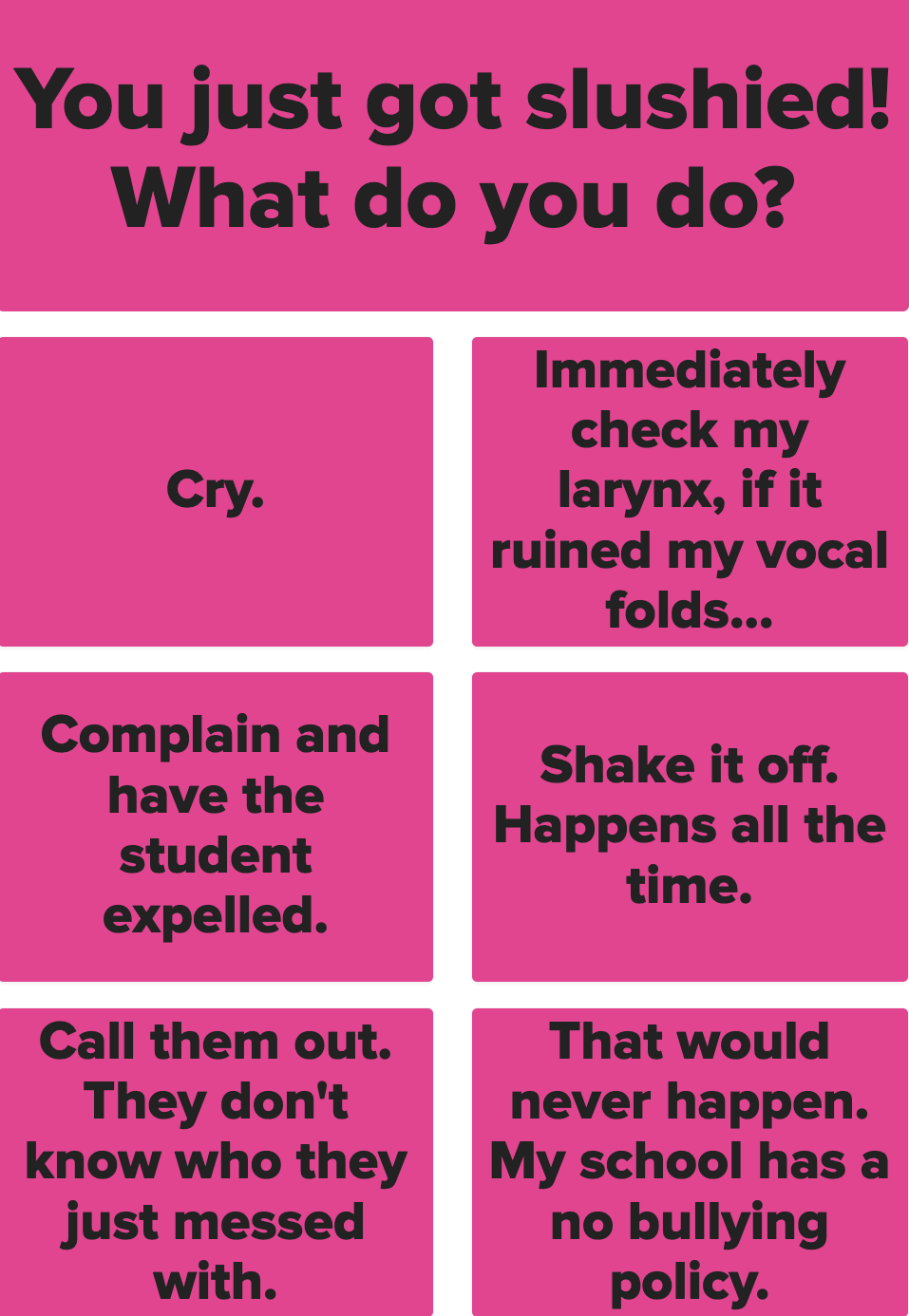 Image with text about responses to being "slushied," including options to cry, check larynx, complain, shake it off, call them out, or mention a no-bullying pol