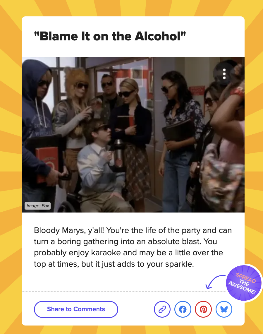 Scene from a show featuring a group of people in casual outfits gathered around a seated person indoors. Text describes lively personalities