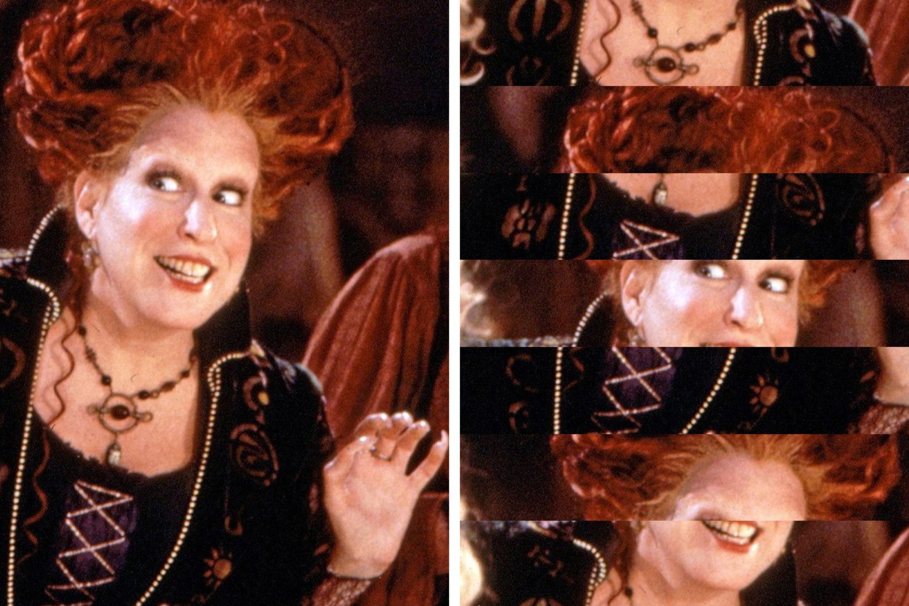 Person with elaborate hair and ornate clothing making an expressive face. Image is creatively sliced and collaged in strips; article is about games