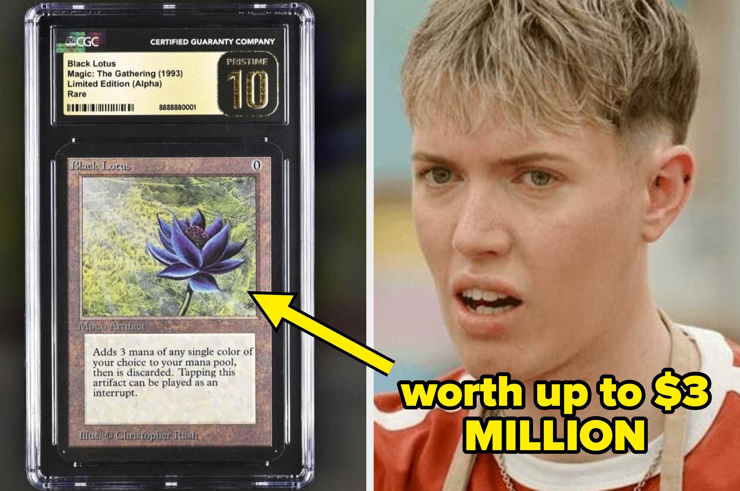 Split image. Left: Magic: The Gathering Black Lotus card graded 10, valued up to $3 million. Right: Tom Whittaker reacting with surprise