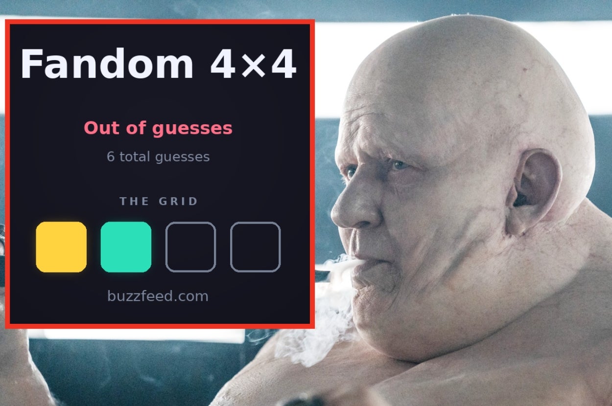 Fandom 4x4 game screen with "Out of guesses" message. Close-up of a bald character blowing smoke in a game setting