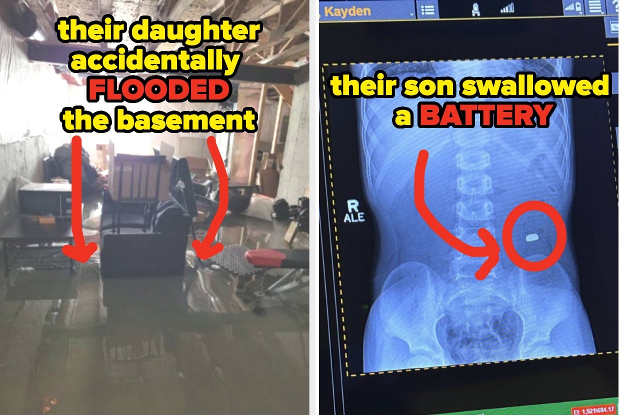 Photo shows a flooded basement with furniture and an X-ray showing a battery in a child's stomach