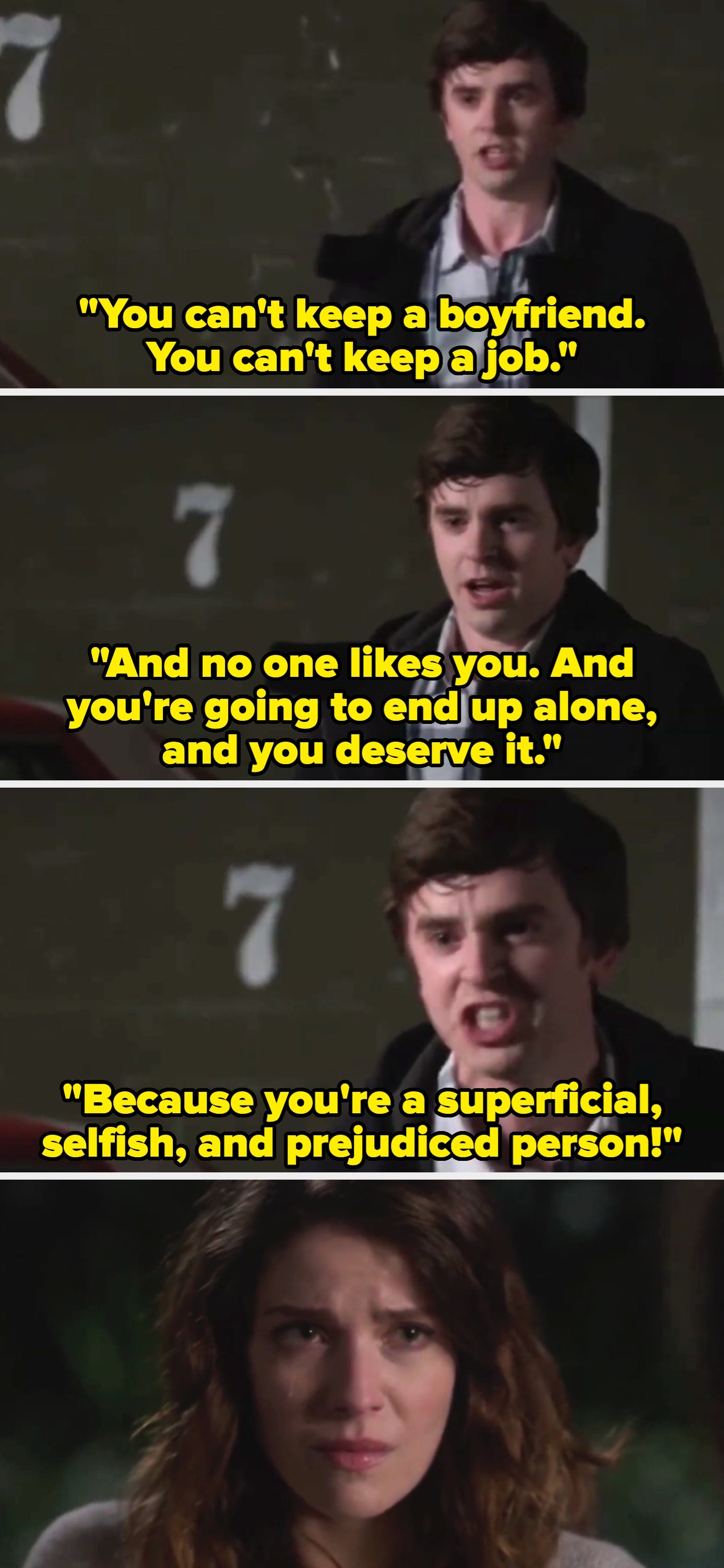 Three images show a young man angrily shouting at a woman, criticizing her inability to keep relationships and calling her selfish