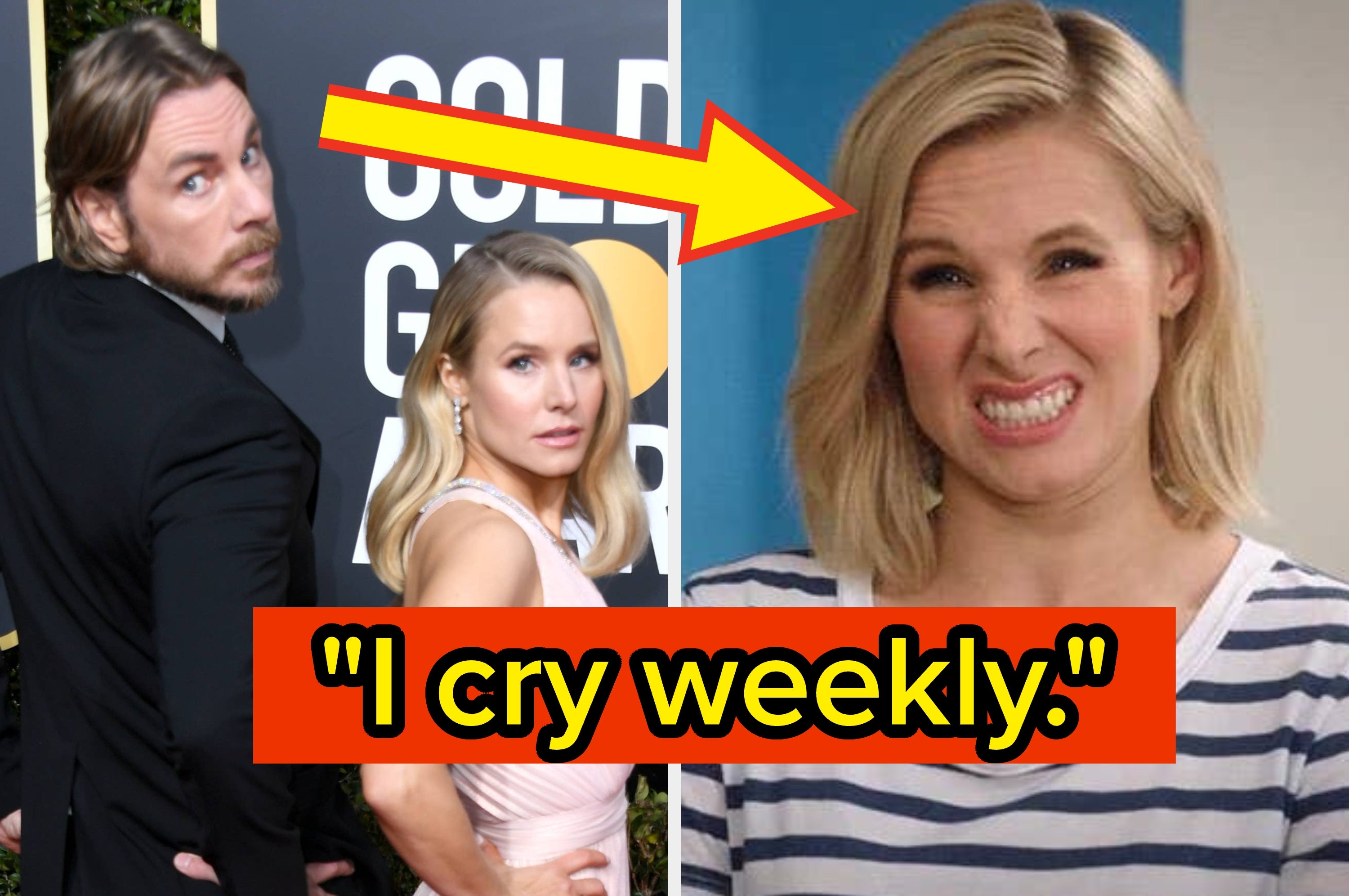 Two images of the same person making comedic faces. Text overlay reads: "I cry weekly."