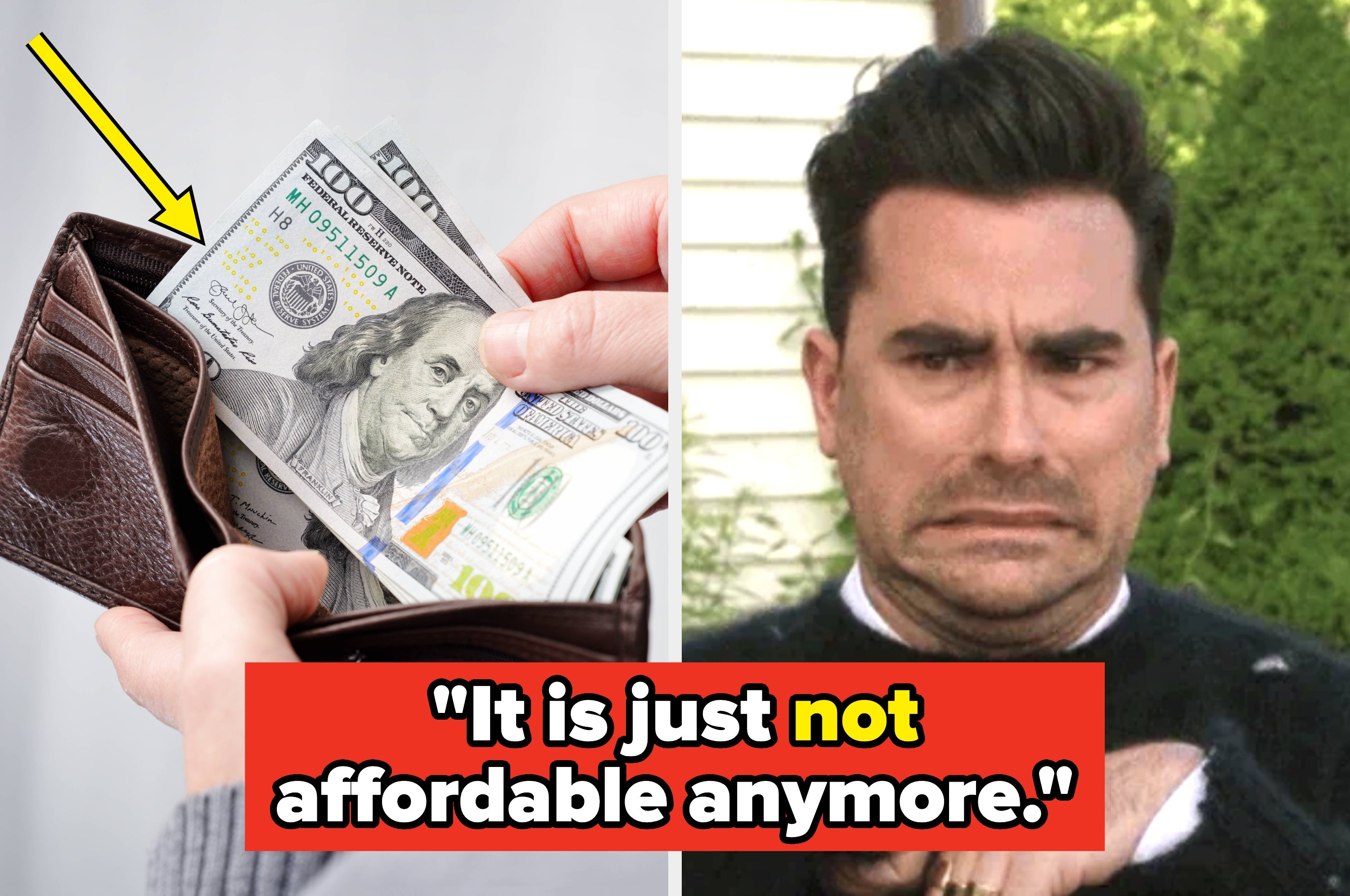 Person grimacing; text reads, "It is just not affordable anymore." Arrow points to $100 bill in a wallet