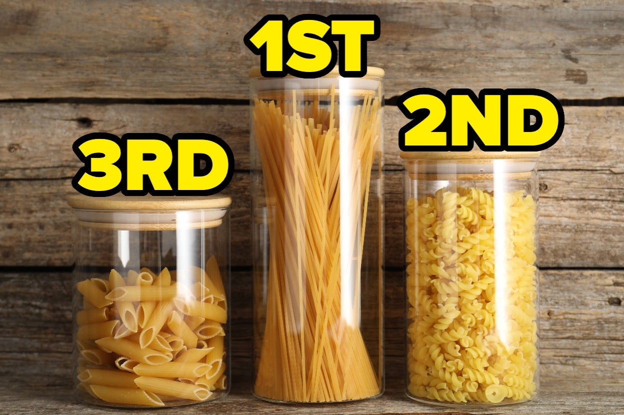 Three jars filled with different pasta types labeled "1st," "2nd," and "3rd," indicating a ranking