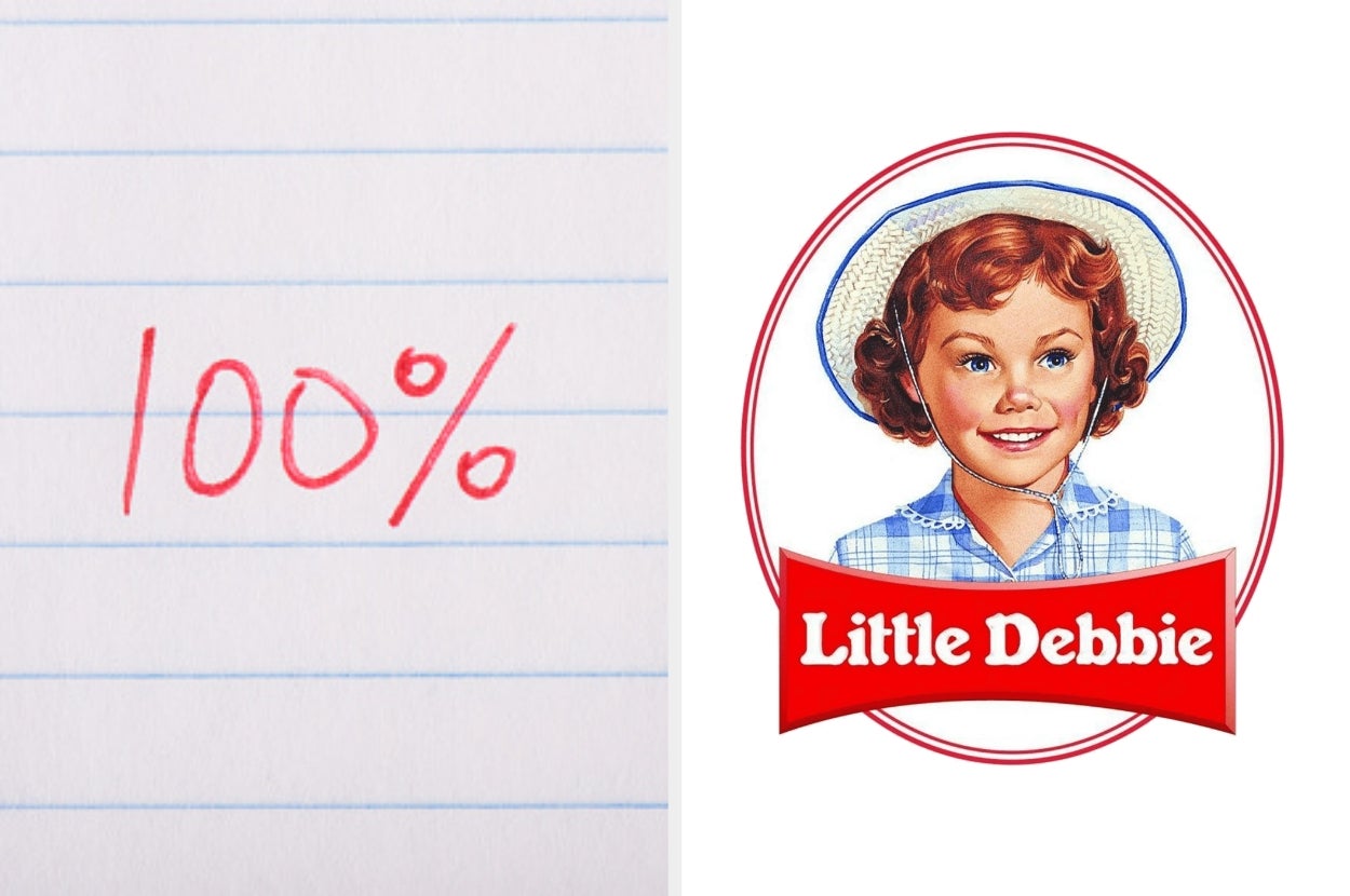 The image shows "100%" written in red on lined paper next to the Little Debbie logo featuring a girl in a blue-checkered dress and hat