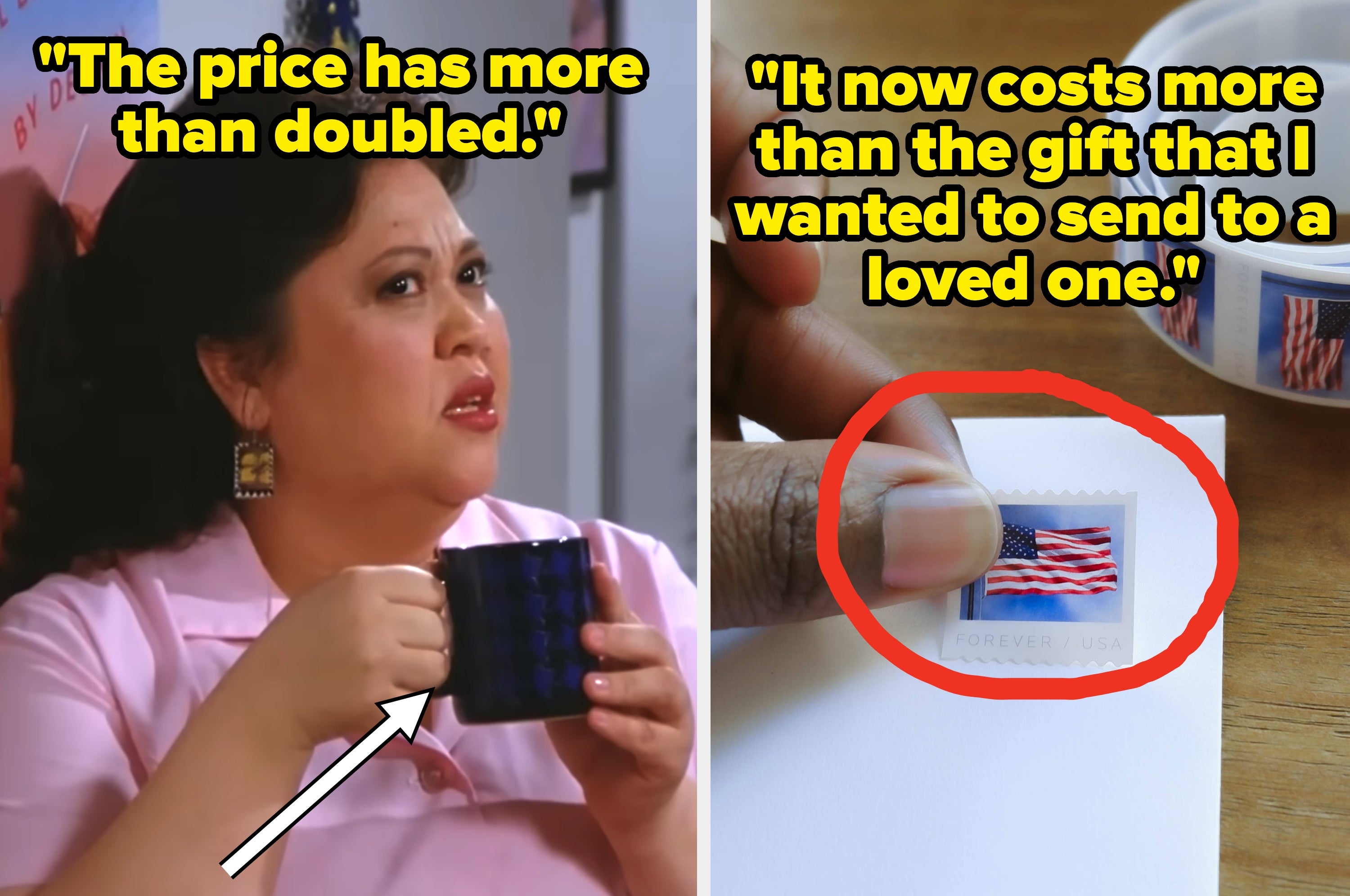 Split image of a green arrow pointing at a person pouring a cup of coffee and a letter with a stamp that's circled in red, text overlay: "Prices are out of control!"