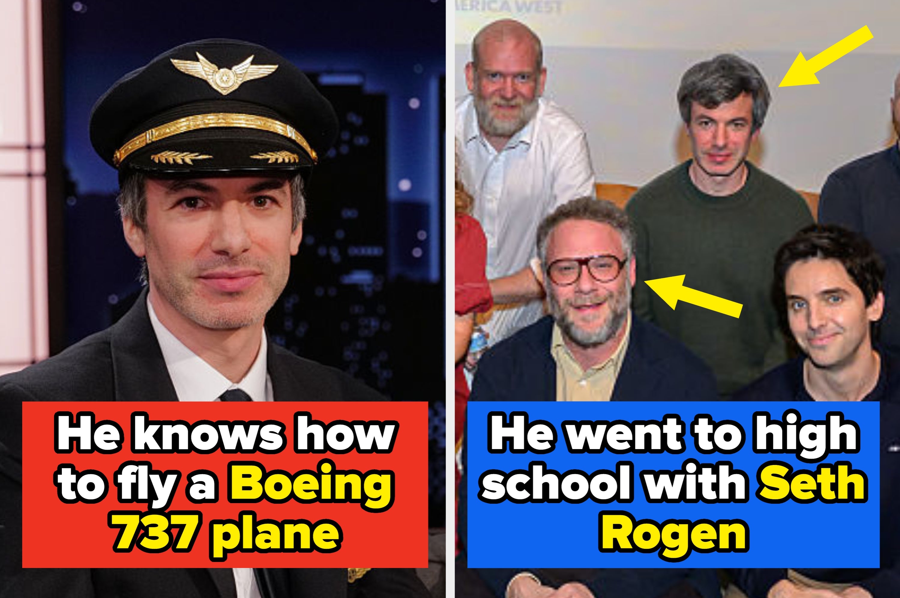 Left: Person in pilot uniform. Right: Group photo; two labeled individuals, one noted for attending high school with a known actor. Text highlights facts