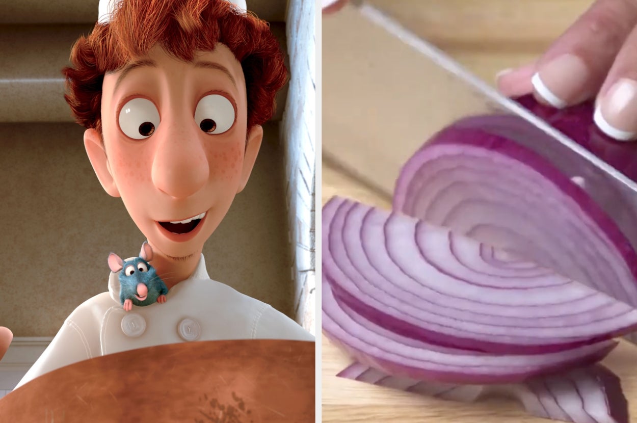 Chef character smiling with a rat on his shoulder; sliced onion being chopped on a cutting board