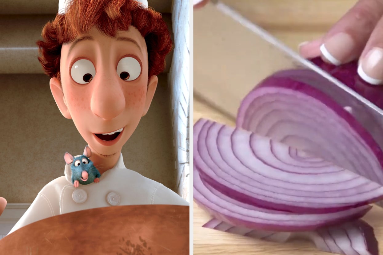Chef character smiling with a rat on his shoulder; sliced onion being chopped on a cutting board