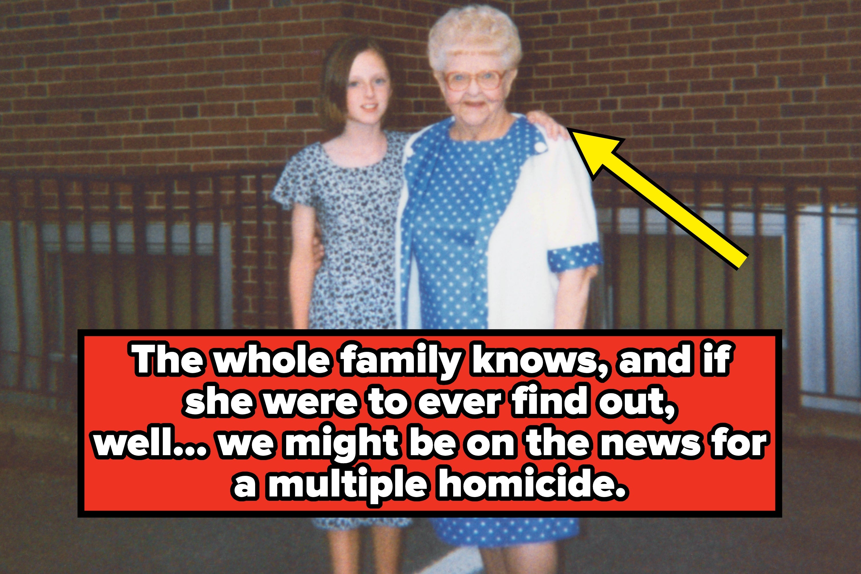 A young woman stands beside an elderly woman outdoors. A caption conveys a dark family secret about potentially causing harm