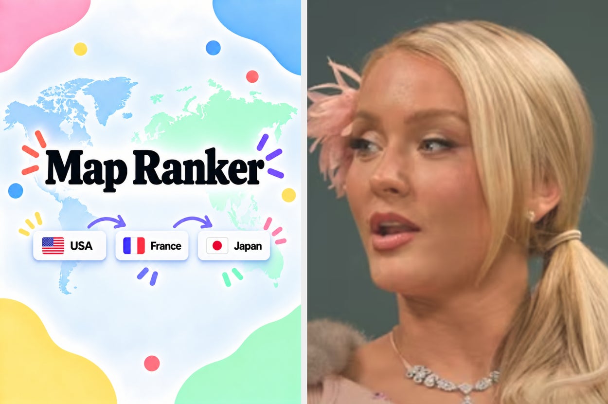 Split image: Left - "Map Ranker" game interface featuring USA, France, Japan. Right - Person with long hair styled in a sleek look adorned with a flower accessory