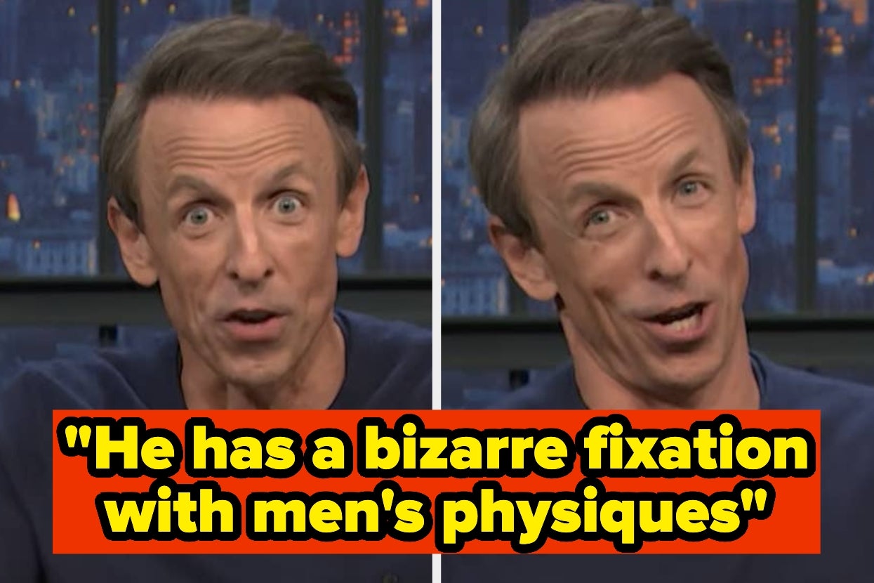 TV host animatedly discussing a topic. Text overlay reads: "He has a bizarre fixation with men's physiques."