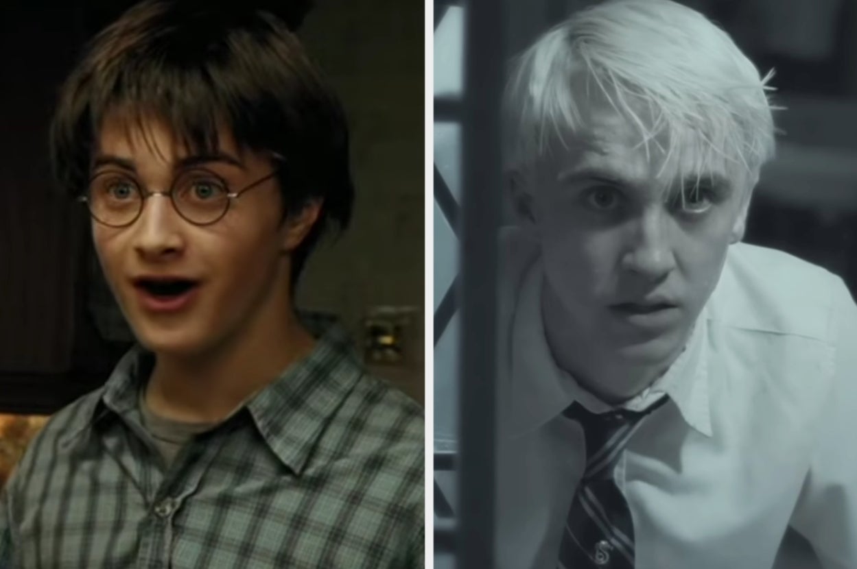 Two young wizards, one with round glasses and casual attire, the other with slicked-back hair in a school uniform, appear surprised