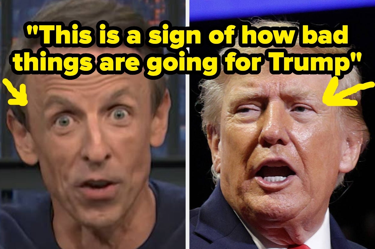 Two side-by-side images of Seth Meyers and Donald Trump. Text reads: "This is a sign of how bad things are going for Trump."