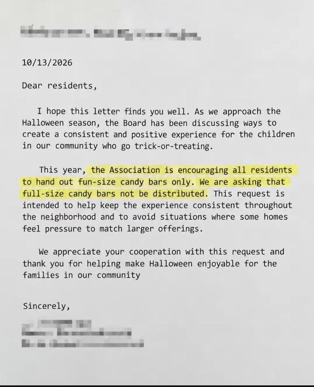 Letter encouraging residents to administer  fun-size candy bars for Halloween to support   consistency and assemblage  enjoyment