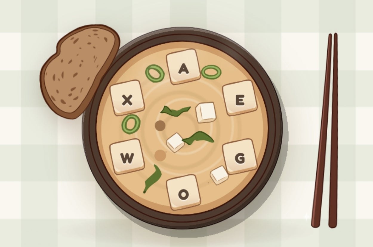 Bowl of soup with floating lettered tiles, forming possible words, next to a slice of bread and chopsticks, resembling a word puzzle game