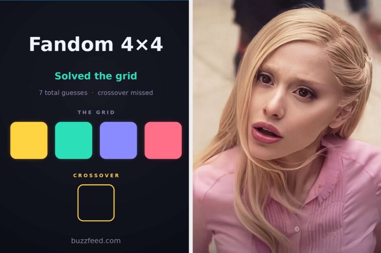 Image split: Left shows a game grid with color-coded blocks and solved text; right shows a person in a pink top looking surprised