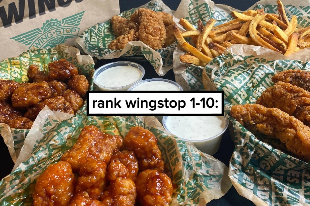 Assorted Wingstop chicken wings, tenders, and fries with dipping sauces, asking viewers to rank the meal from 1 to 10