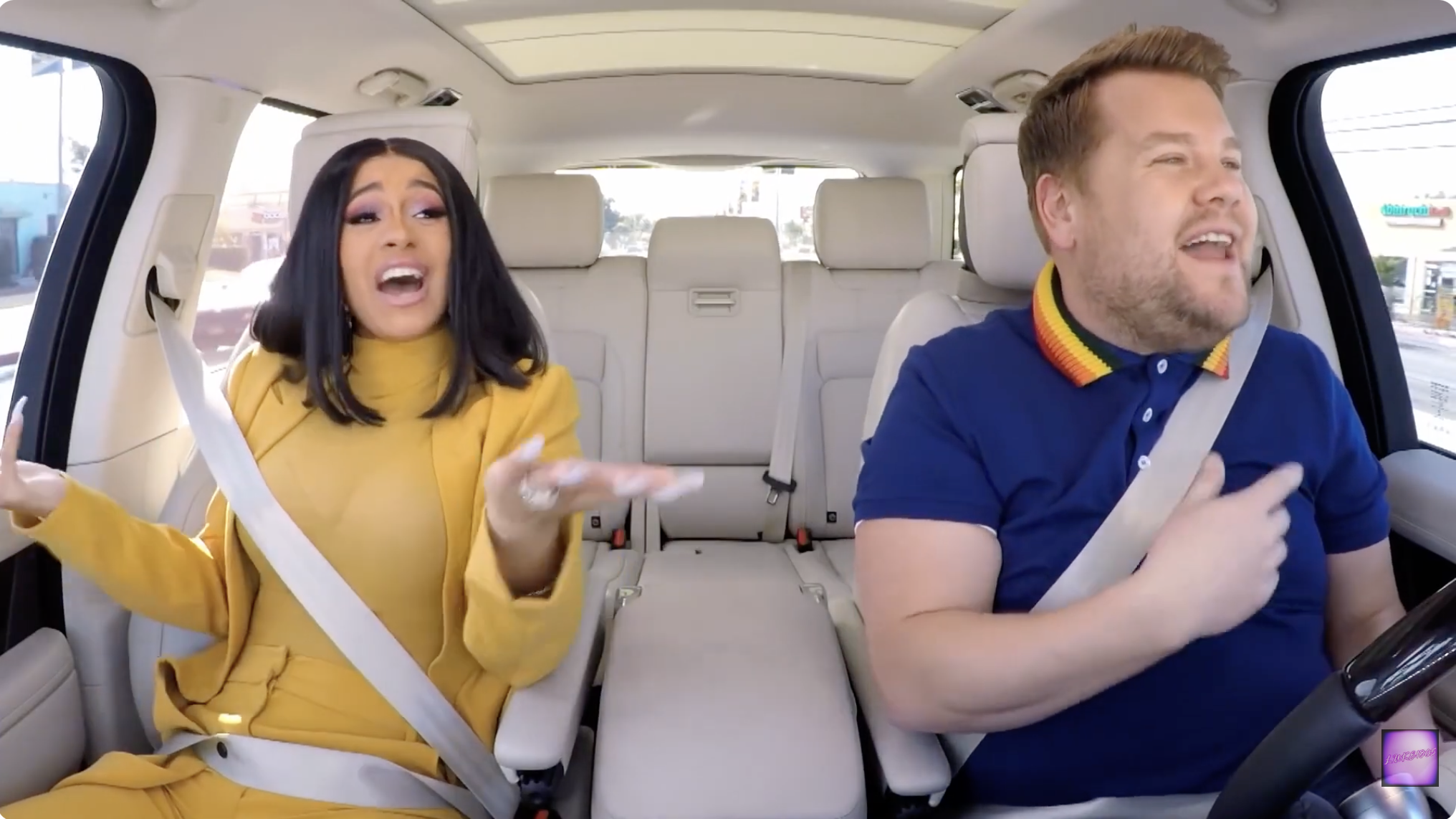 Two people are singing in a car. The person on the left wears a chic outfit, and the person on the right wears a polo shirt with a colorful collar