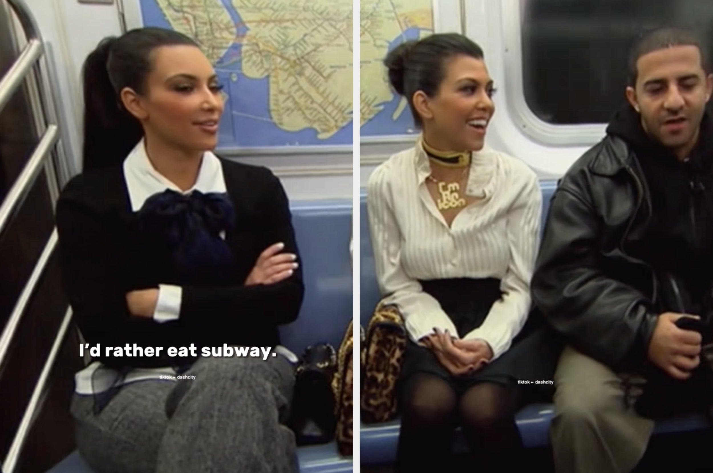 Two people sitting in a subway car, one wearing a black outfit with a white blouse, the other in a white blouse and gray skirt, pictured in conversation