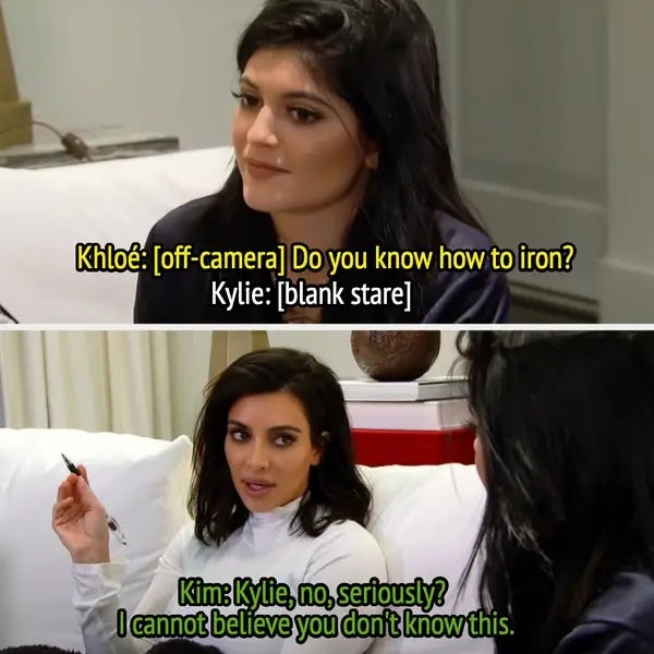 Kylie and Kim Kardashian sit on a couch during a discussion about Kylie not knowing how to iron