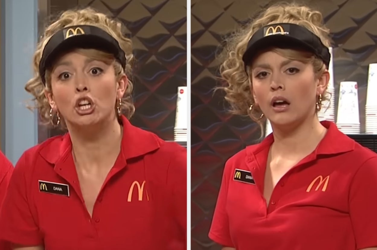 Person in a fast food uniform, wearing a visor and name tag, is expressive in two side-by-side images, possibly acting in a comedic scene