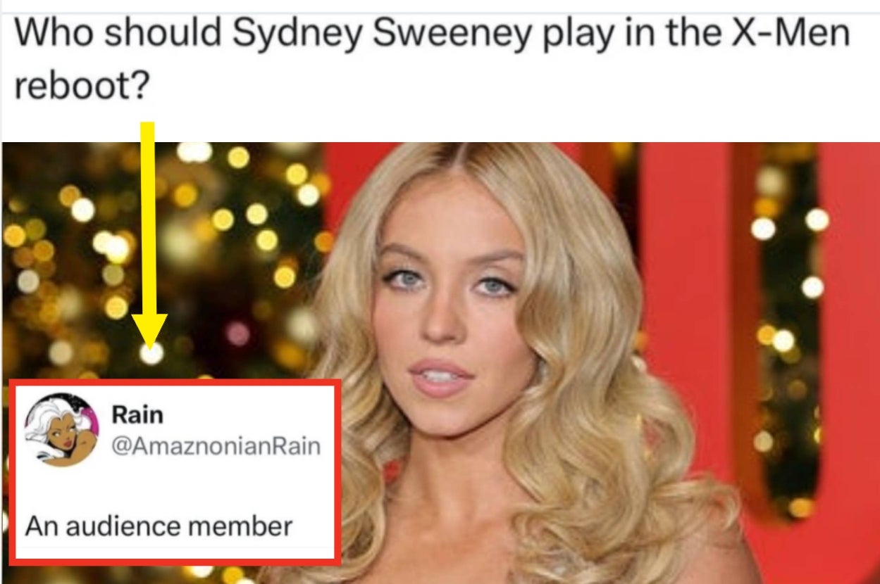 Sydney Sweeney on red carpet; fan tweet suggests she should play "an audience member" in X-Men reboot
