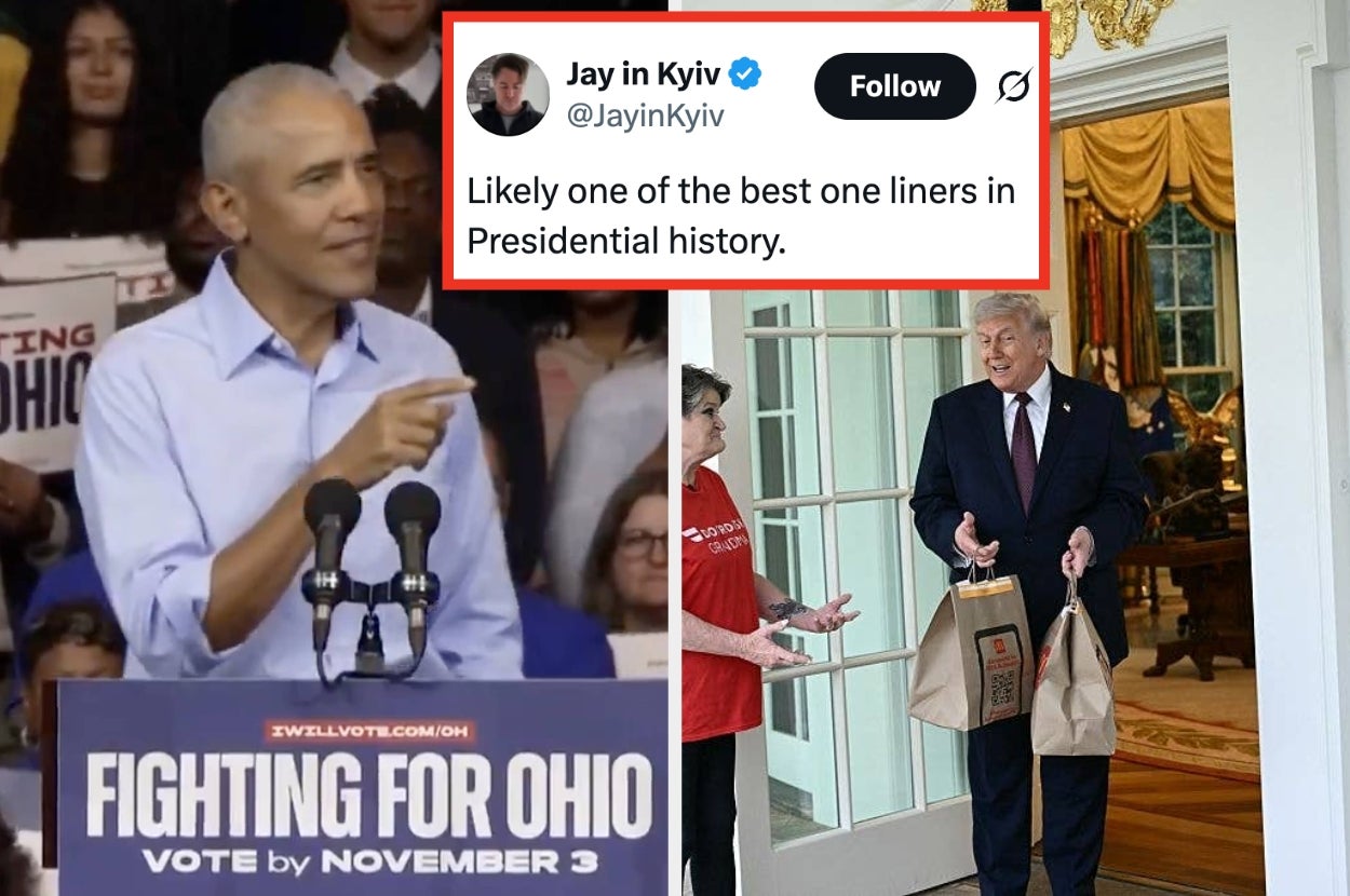 Barack Obama speaks at a rally; tweet overlay says: "Likely one of the best one liners in Presidential history"; Donald Trump seen in another image