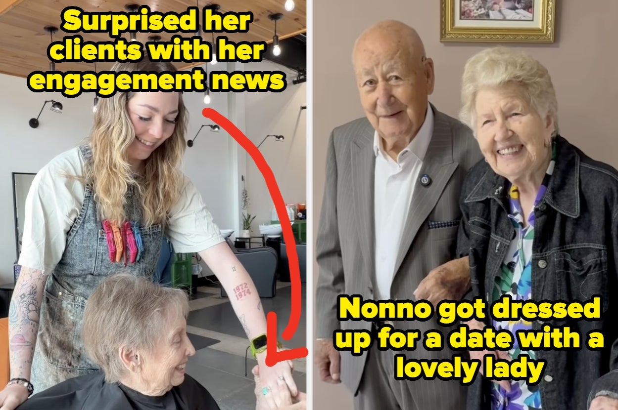 Woman surprises client with engagement news; older man dressed up for a date in side-by-side photos