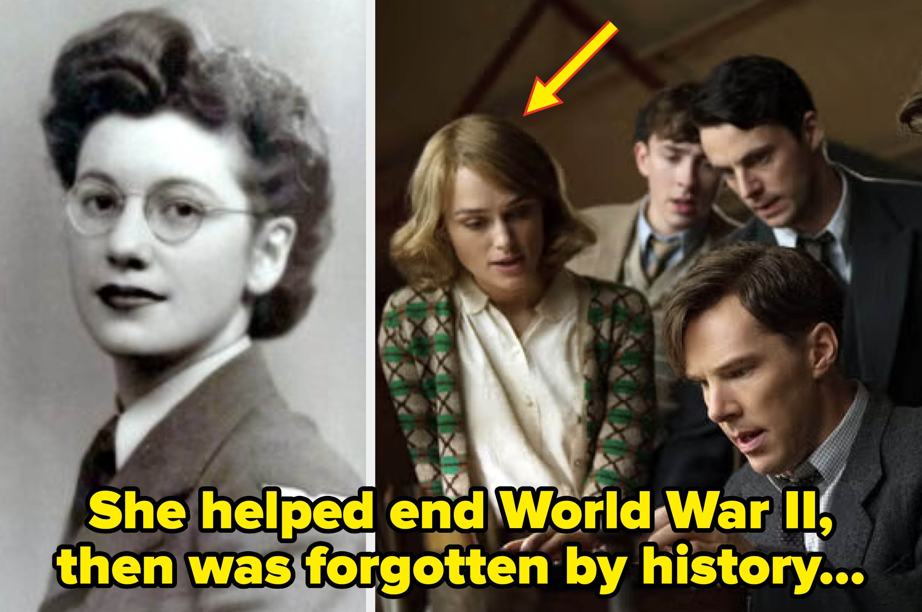 Split image: A historic photo of a woman in military uniform and a movie scene with actors focused on a task. Caption reads, "Her work helped end World War II."