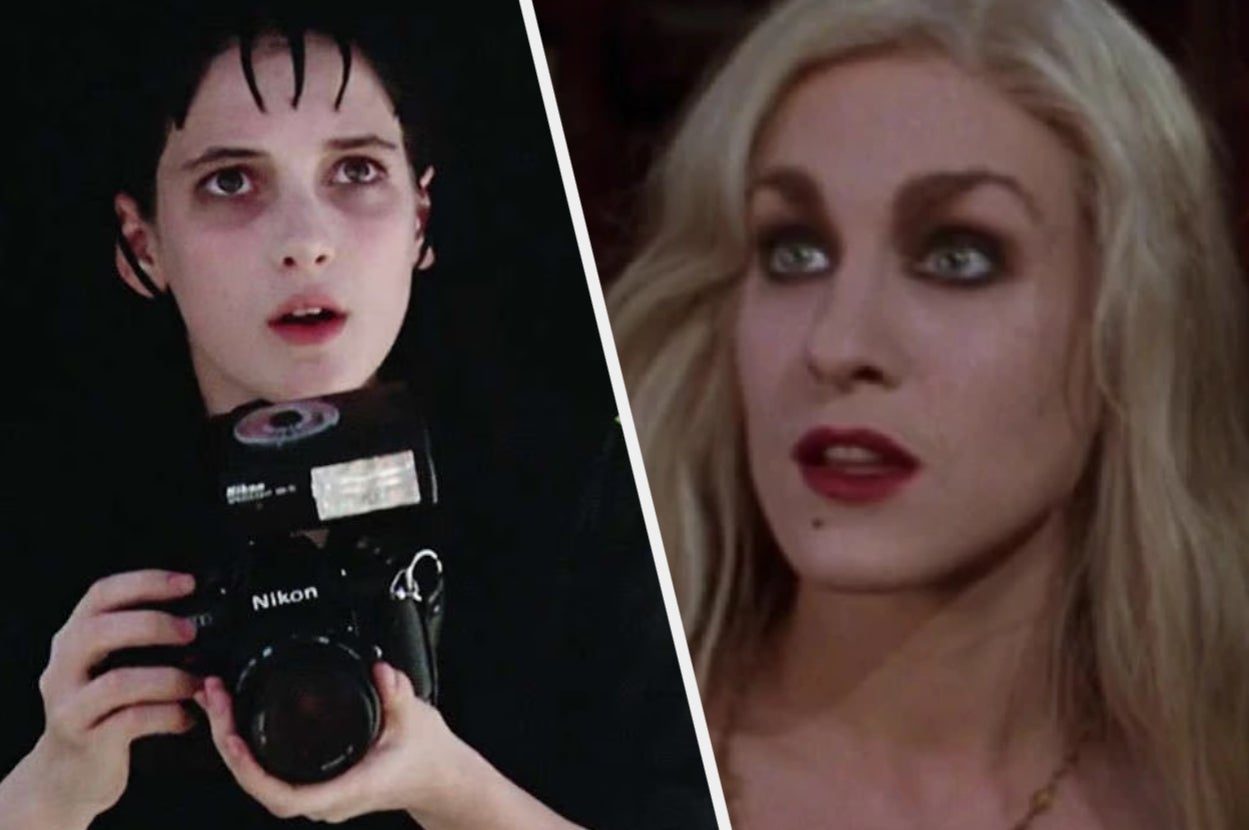 Two people from different scenes: one holding a camera, the other with dramatic makeup and long hair
