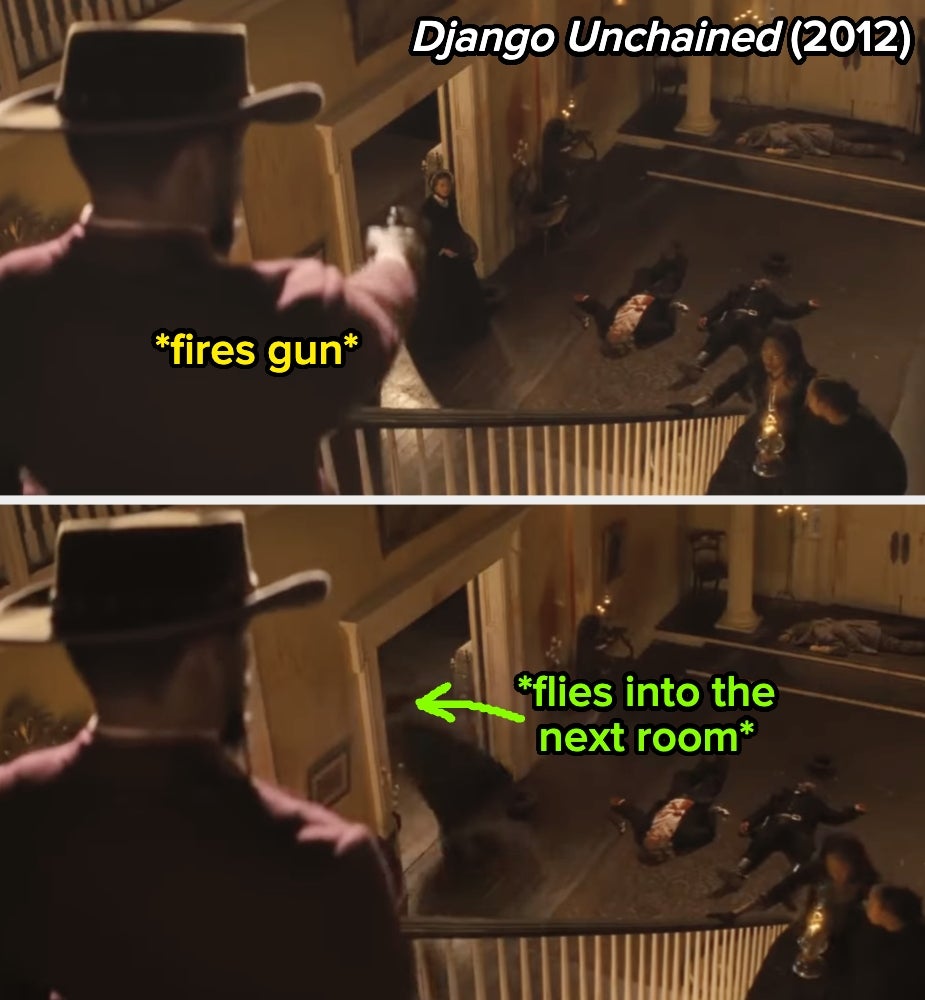 Scene from Django Unchained where Jamie Foxx shoots Laura Cayouette, making her fly into the next room