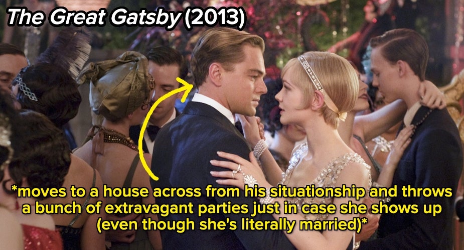 Leonardo DiCaprio and Carey Mulligan dancing together in The Great Gatsby with text that humorously explains how obsessed he is with her
