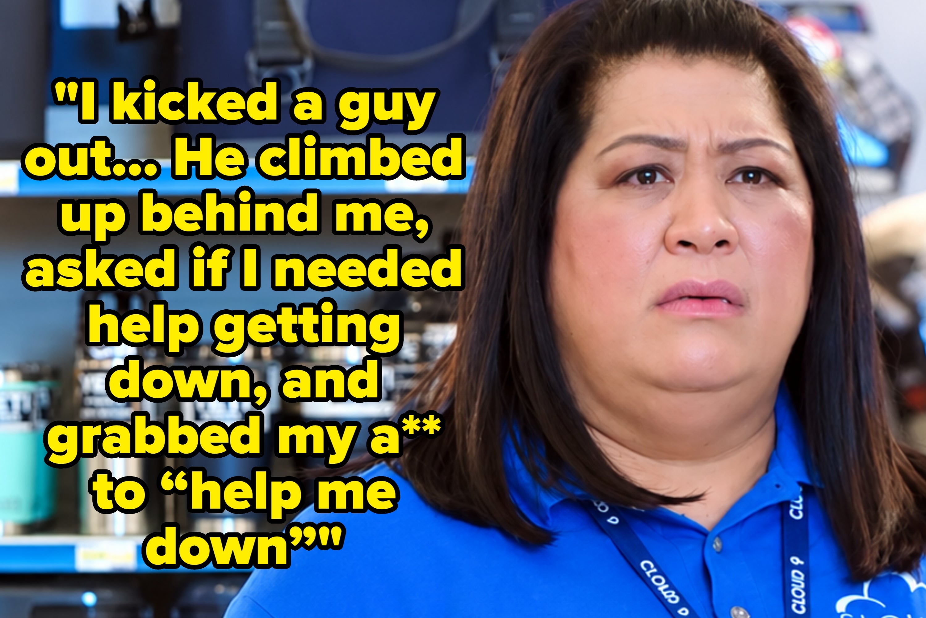 Woman in a blue work shirt looks surprised, with text discussing an inappropriate encounter involving unwanted physical assistance